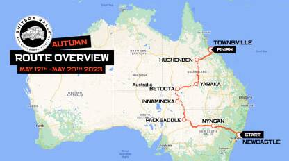Cars will travel to Nyngan, Packsaddle, Innamincka, Betoota, Yaraka and Hugendon before going on to Townsville. Picture supplied