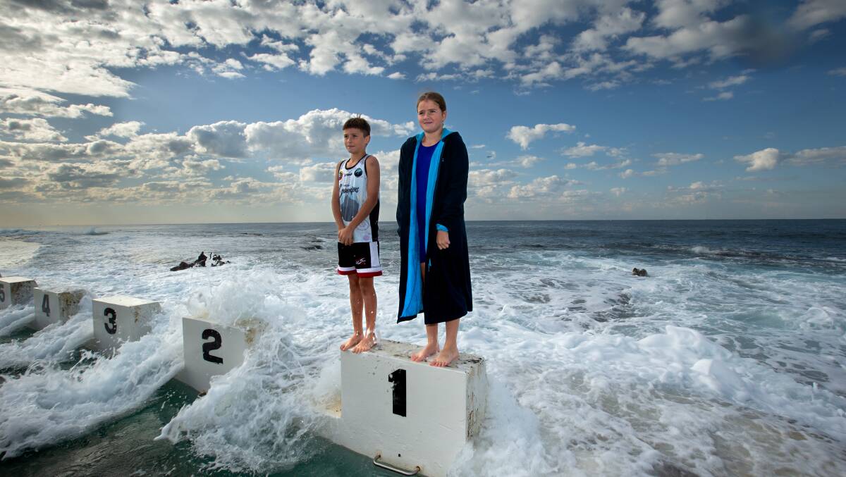 Young Mackerels Kobe Weiner and Billie Eder took plunged into the pool at season launch. Picture by Jonathan Carroll