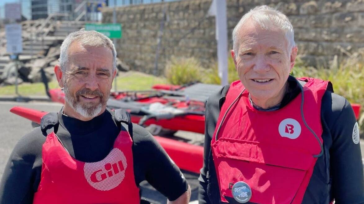 Simon Leslie (left) and Tom Hunt have paddled from Lake Illawarra to Newcastle. Picture via Facebook 