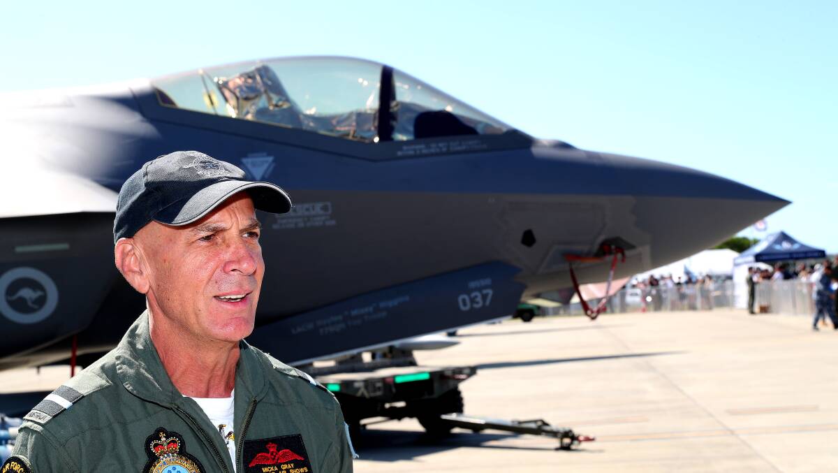 Head of airshow Micka Gray in front of the F-35A. Picture by Peter Lorimer