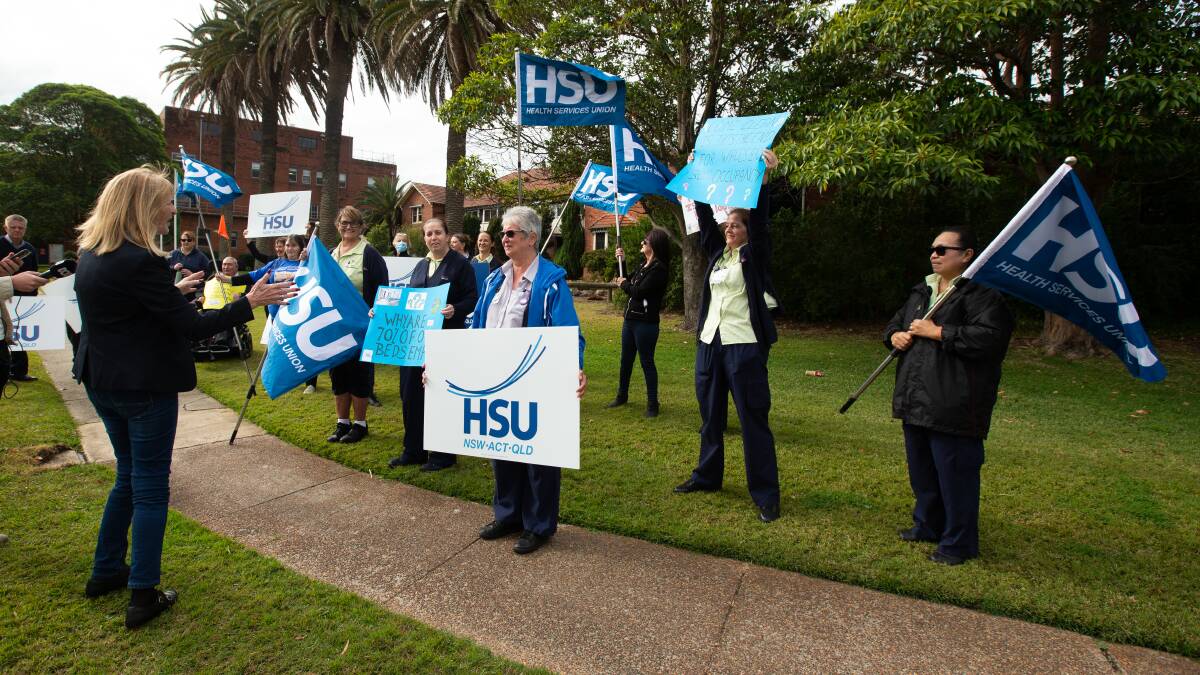 HSU members rallied on Thursday to keep the public Wallsend Aged Care Facility open. Picture by Jonathan Carroll