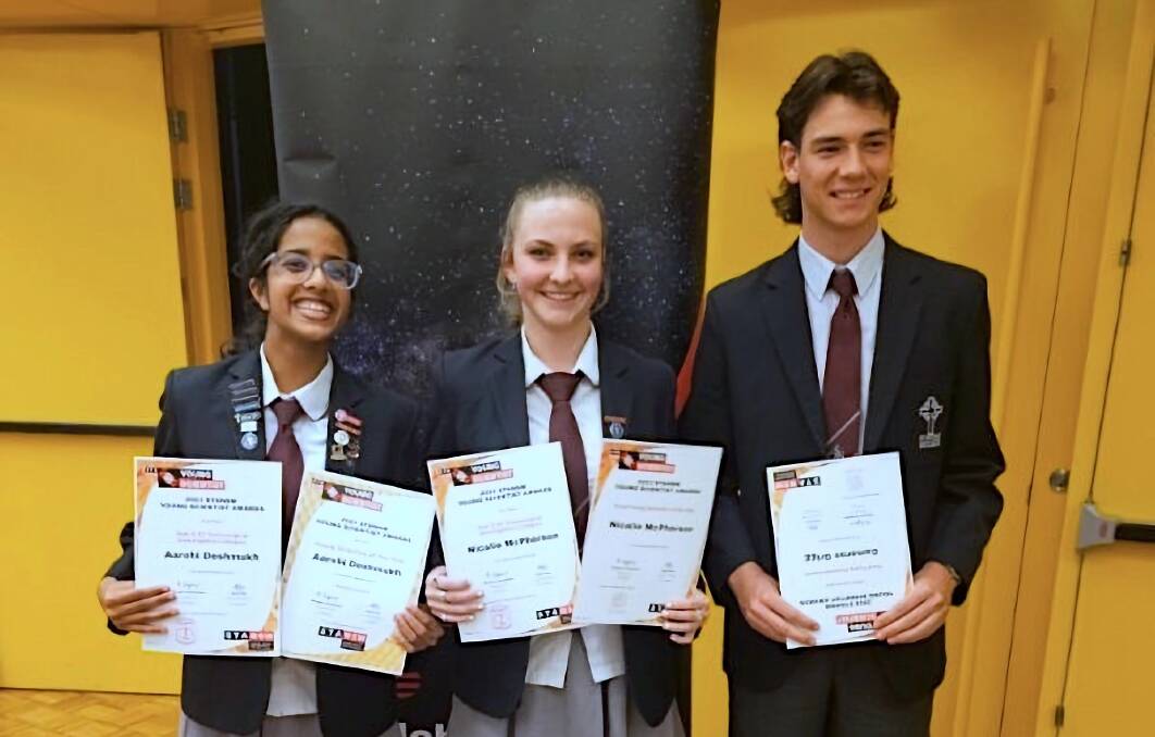 Aarohi Deshmukh, Nicalie McPherson, Cameron Grigg from St Columba Anglican School at the Young Scientist Awards ceremony on Monday 27 November. Picture supplied