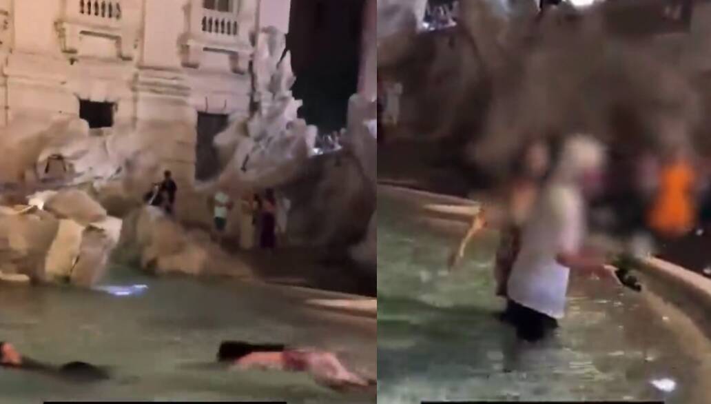 The tourists were filmed swimming in the pool of the Trevi Fountain. Pictures by Welcome to Favelas
