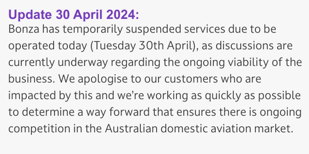 A message regarding the cancellations appeared on Bonza's website on April 30. Picture by www.flybonza.com