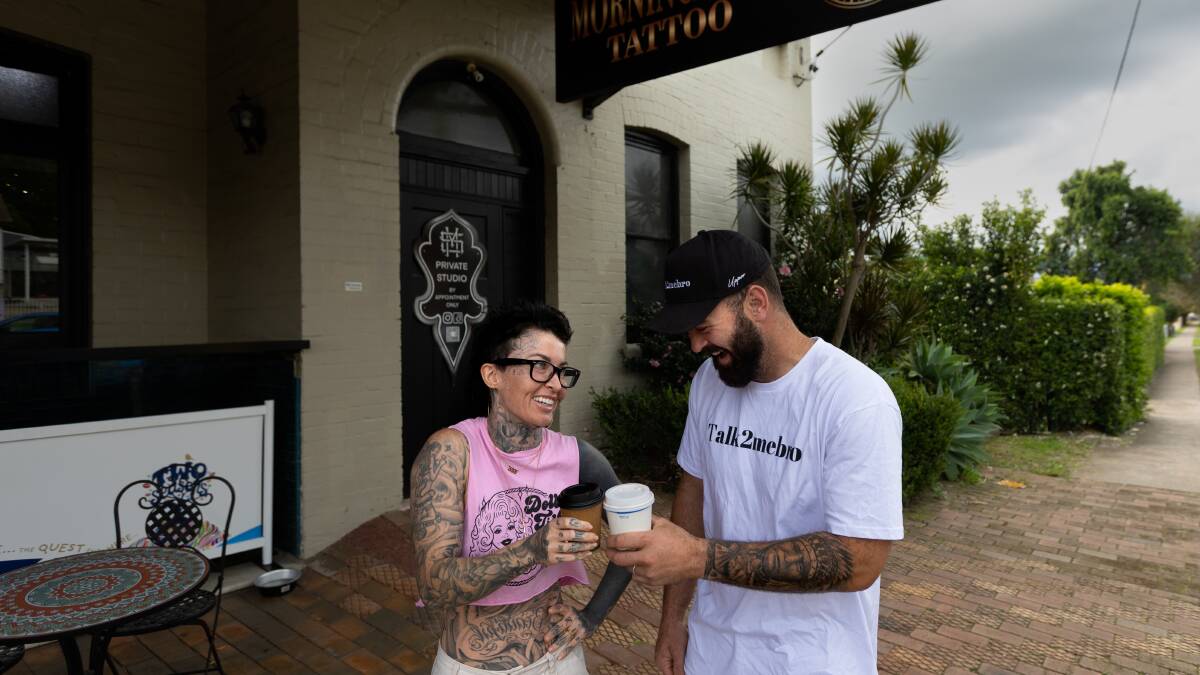 Rachel Morningstar from MorningStar Tattoo and Cal Edwards from Talk2mebro get ready for their fundraising event in Cessnock on May 8. Picture Jonathan Carroll