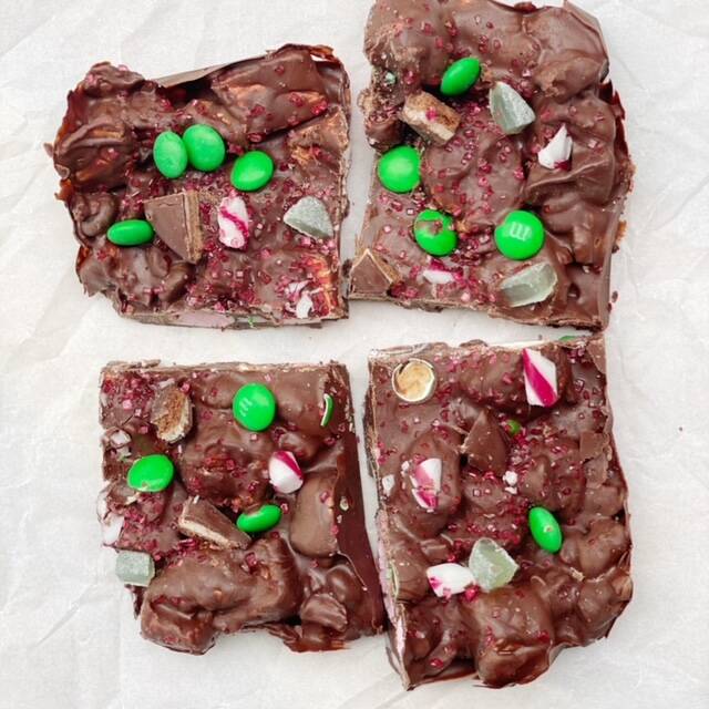 Cappys Candy Co's range of rocky road includes Peppermint Christmas (candy canes, mint slice biscuit pieces, spearmint leaves, marshmallows and Christmas sprinkles); and White Christmas (white chocolate with marshmallows, spearmint leaves, Christmas M&M's, topped with crushed Scotch Finger biscuits, red frogs and drizzled with red candy melts). 
