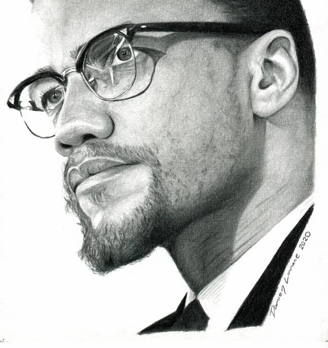 Broken Chains: Portrait of Malcolm X by Damien Linnane.