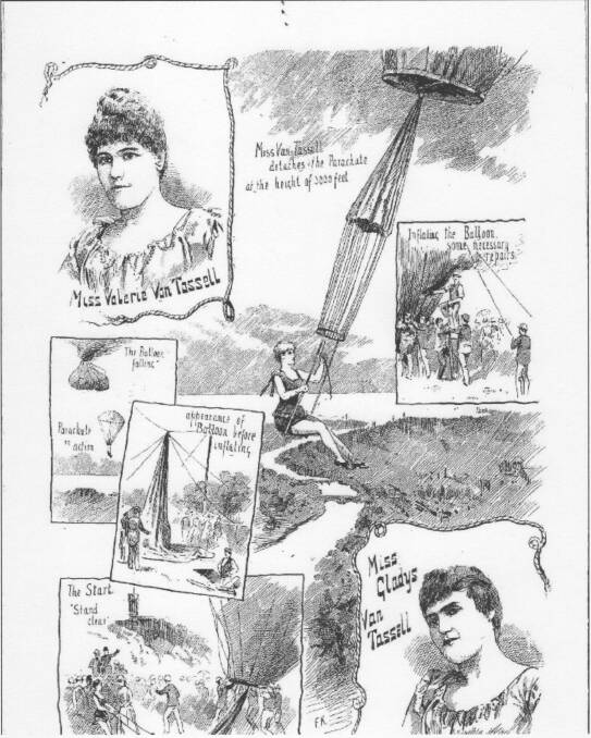 QUEENS OF THE AIR: The now-famous Van Tassel sisters as they were depicted in the Melbourne Punch in March 1890. Source: National Library of Australia