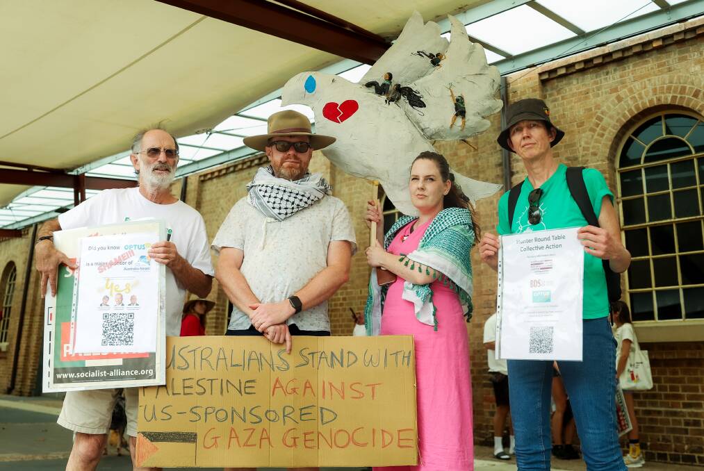 Newcastle Mums for Palestine co-founder Megan Clarke (centre) with protestors Niko Leka, Richard Bean and Kerrie McGrath at one of the Newcastle rallies. Picture by Simon McCarthy