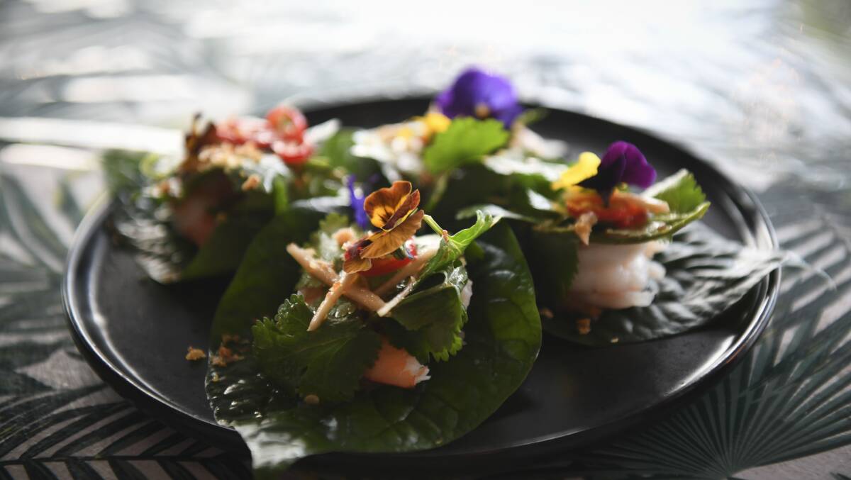 Lucky Bee delight: Betel leaves with poached prawns.