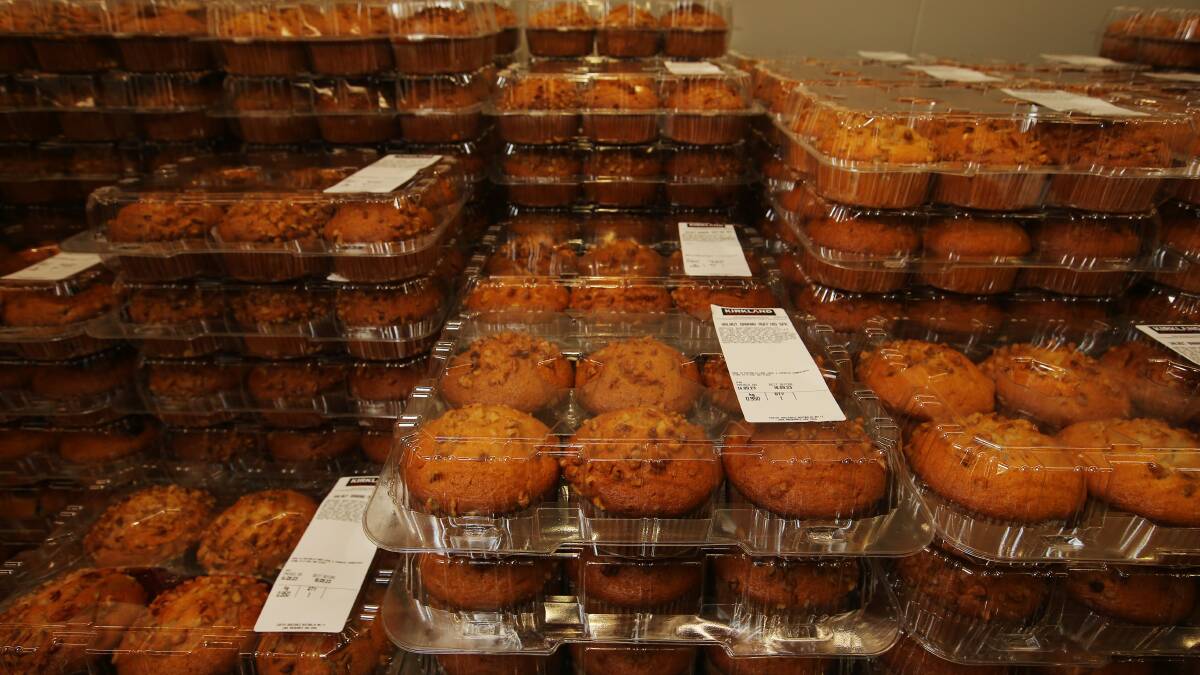 Freshly made walnut and banana muffins stacked high in the bakery section of Costco Lake Macquarie ready on a Friday morning for a busy day of customers. Picture by Simone De Peak
