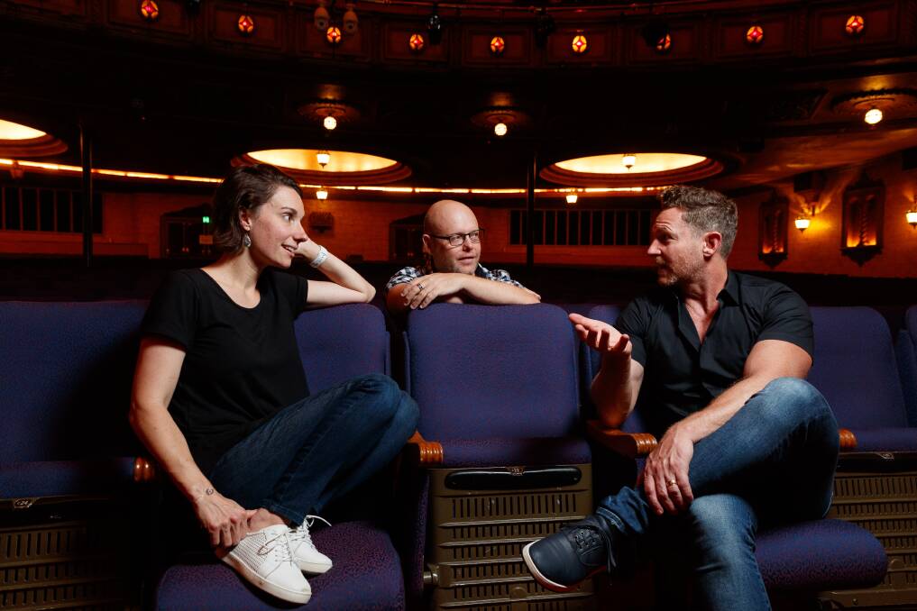 LEFT: David Harris discussing the upcoming production with director Erin James and musical director Dan Wilson at The Civic Theatre in Newcastle. Picture: Max Mason-Hubers