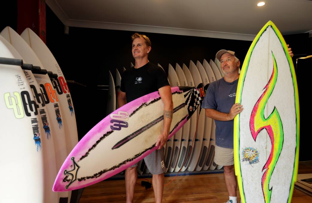 Great surfers great shapers: Paul Parkes of 3P surfboards and legendary surfer shaper Peter McCabe in Redhead.
