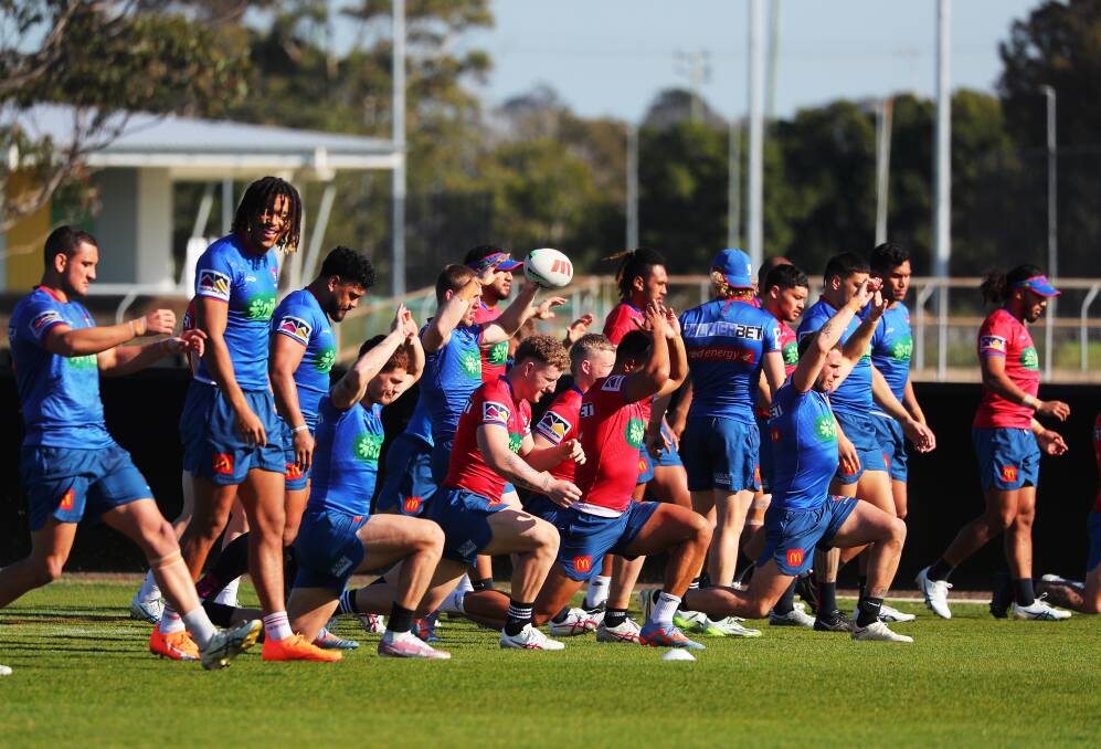 The Knights at training in July. The team won 14, lost nine and had one draw in the National Rugby League regular season. They play Canberra Sunday in Week 1 of the finals. Picture by Peter Lorimer