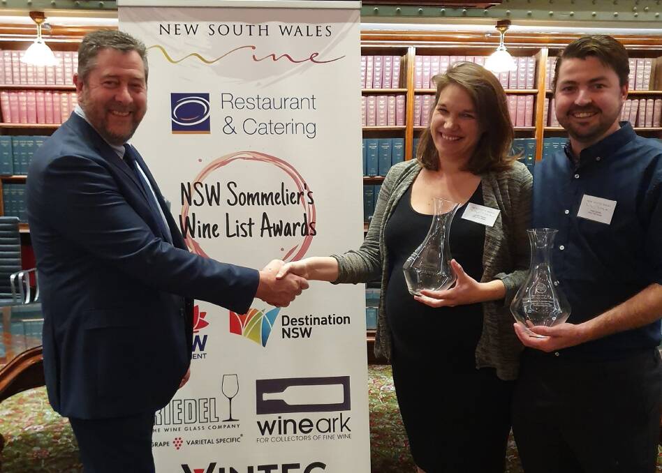 NSW champs: Jennifer Paquet and Pete Cutcliffe of Bills Fishhouse, Port Macquarie, with NSW Wine Industry president Mark Bourne (left).