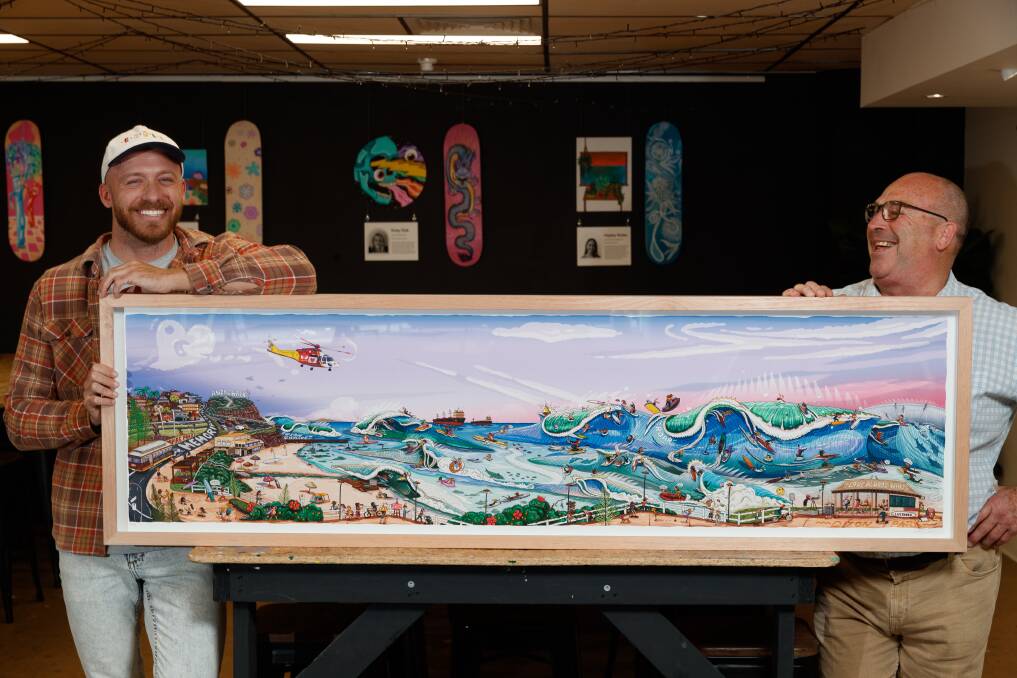 One of a kind: Mitch 'Revs' Resevsky and Richard Jones, CEO of Westpac Rescue Helicopter Service, with Revs Bathers Way artwork, going to auction on Friday night. Picture: Max Mason-Hubers