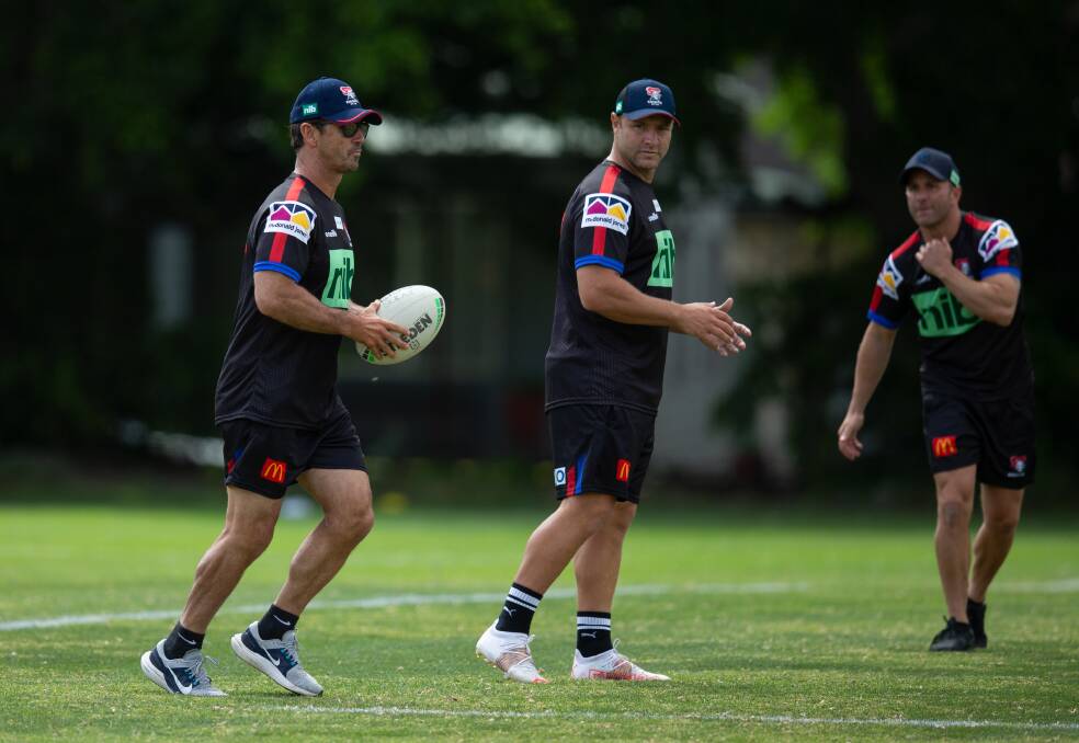 Andrew Johns in a part-time coaching role with the Knights: "When I had the opportunity I would just go to the training sessions and sit and watch him, and just try and copy pretty much everything he did," Luke Walsh says of learning from Johns 15 years ago. "You'd just try and emulate it, take it back to your age group and put that into what you do on the weekend. It was pretty special, when I look back now. I got to learn from the best." Picture: Marina Neil