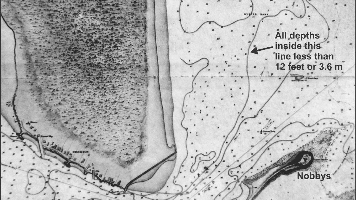 History: This map from 1866 shows lots of sand off Stockton before the breakwaters were built.