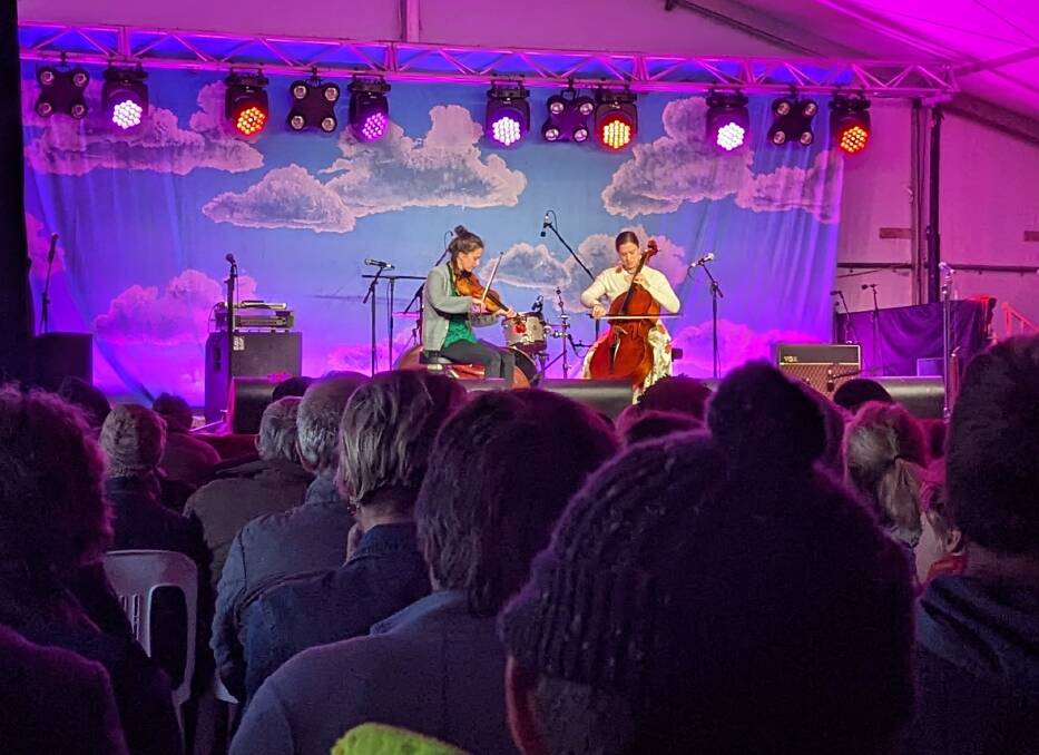 Sisters Brittany Haas on fiddle and Natalie Haas on cello on Sunday afternoon at the National Folk Festival. Picture by Alex Morris 