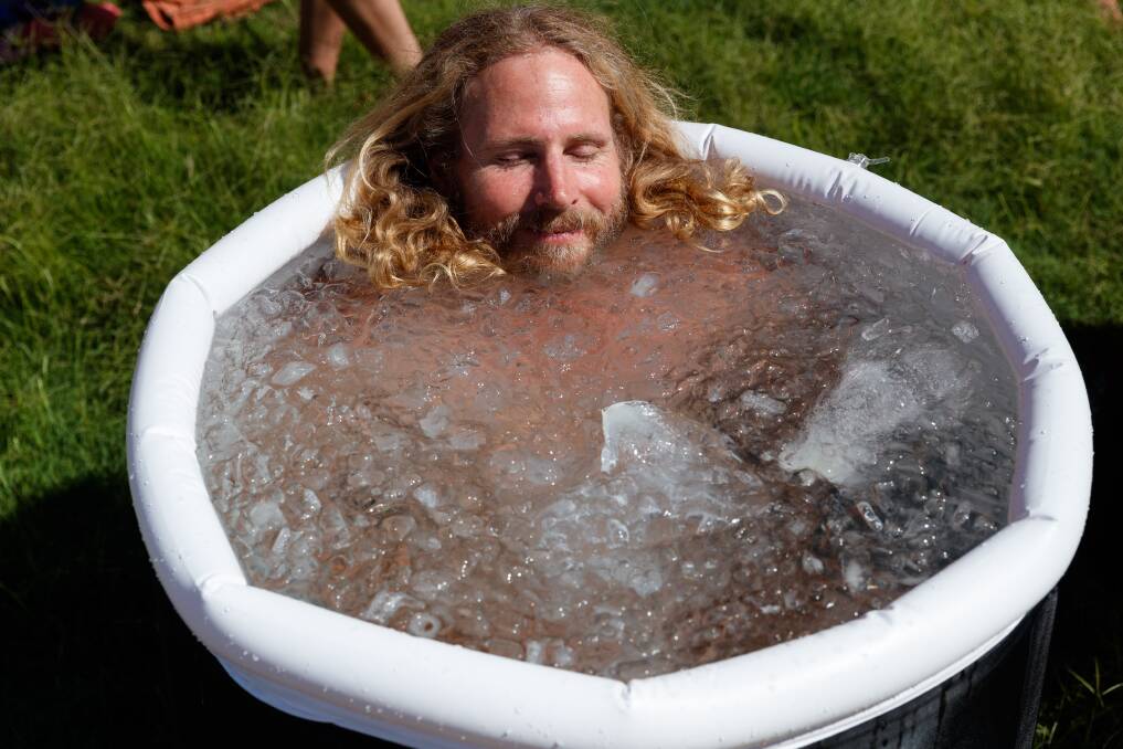 Drew Coxon immersed in an ice bath at the Breathless workshop. Picture by Max Mason-Hubers