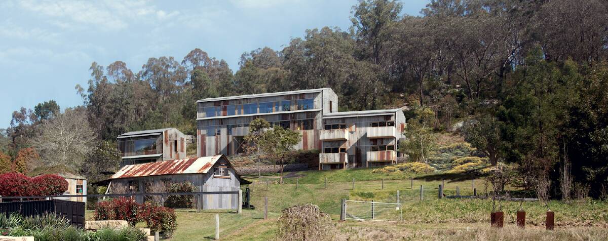 A rendering of planned accommodation designed by Andrew Burns Architecture, inspired by The Farm in Byron Bay, Daylesford Longhouse, and Innes Hotel in New York state.