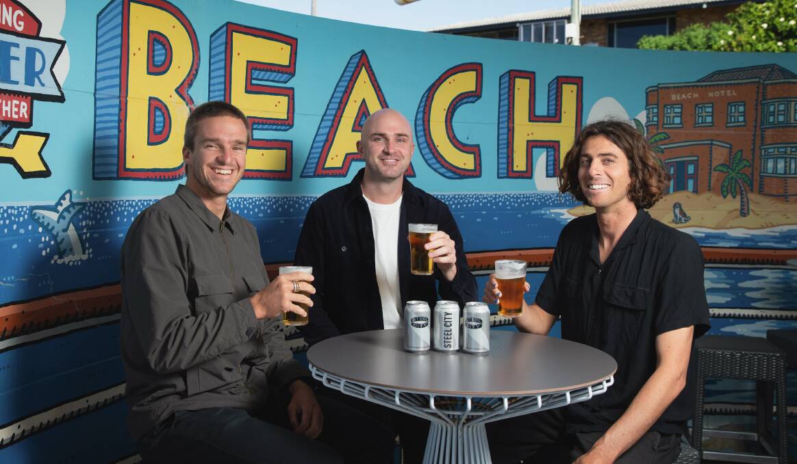 Skin in the game: Three of Steel City Beer Co's 10 partners are Ryan Callinan, Oliver Semken and Craig Anderson. The beer is available at The Beaches, The Burwood, The Prince and a few other local pubs. Picture: Marina Neil
