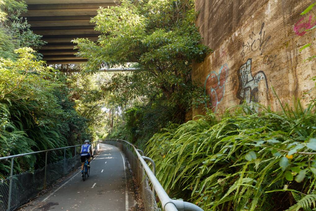 CRUISE CONTROL: A bicycle rider passes under Oakdale Road on the Fernleigh Track. (Picture by Max Mason-Hubers). 