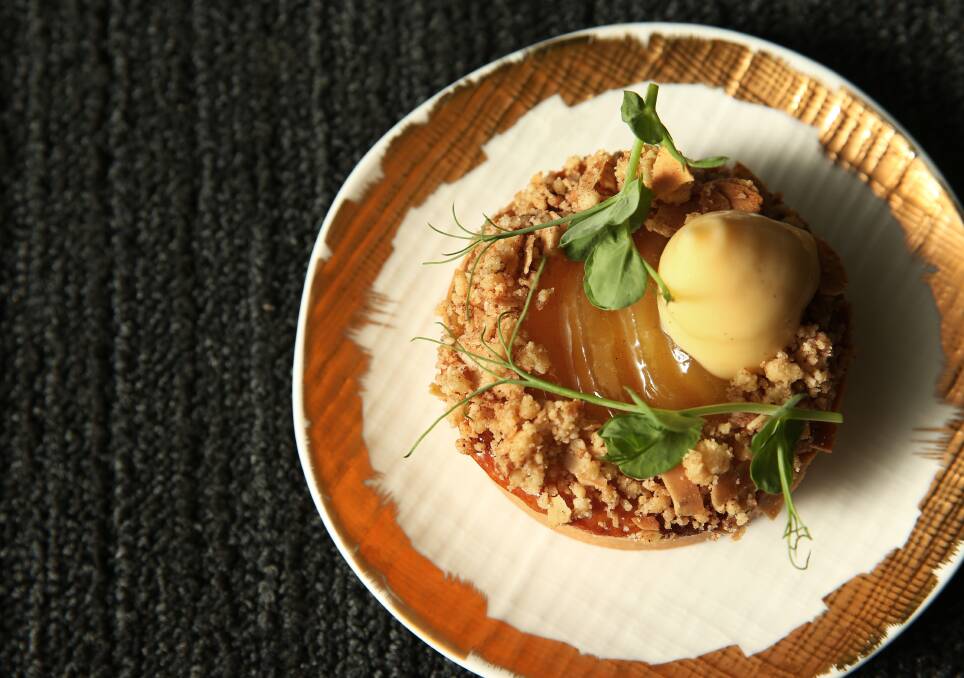 As good as it looks: A pear custard & almond cookie crumb tart by Gareth Williams. Pictures: Simone De Peak