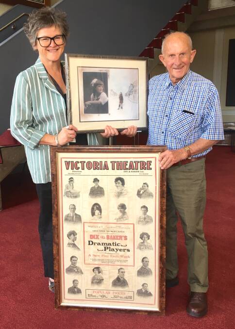 Don Owens with Civic Theatre manager Leonie Wallace and a framed poster of Owens' mum, who performed as Little Madge Bennett in the theatre.