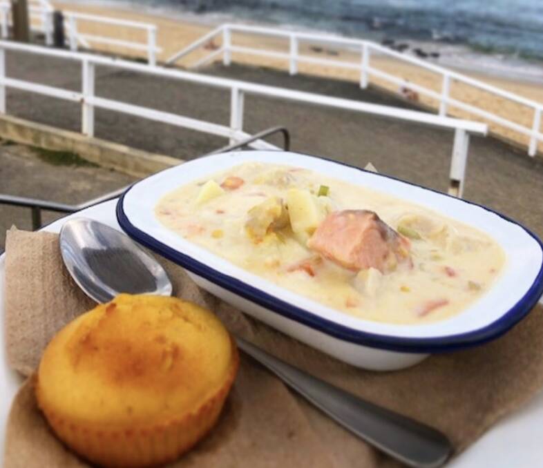 AHOY, IT'S HEARTY: Swell Kiosks' seafood chowder with a cornbread muffin.