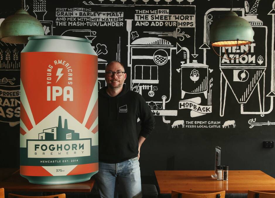 Fresh approach: Foghorn brewer Shawn Sherlock with a model of their first canned beerproduct. Picture: Marina Neil