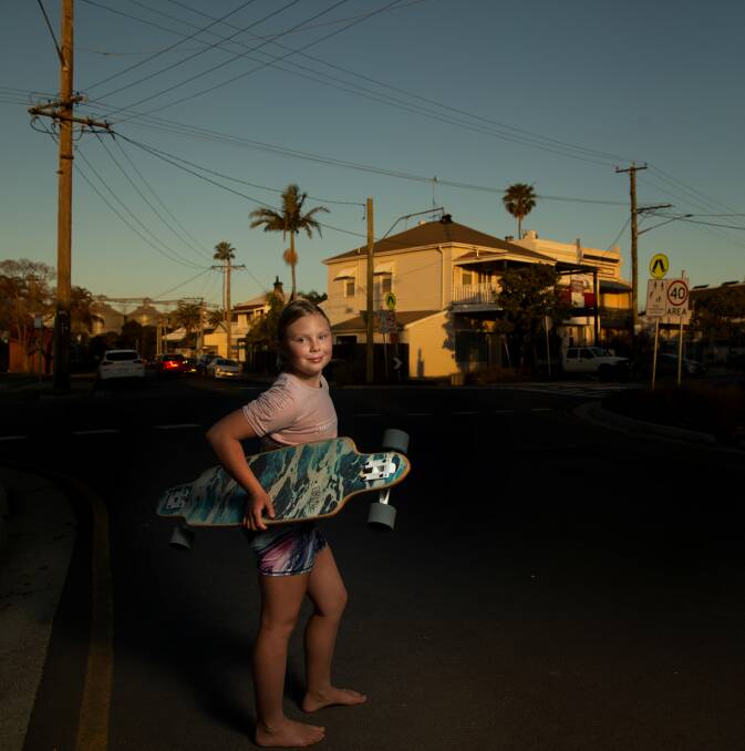 My place: Born and bred Carrington local, Bonnie Lentfer, 9, skates down Young Street. Picture: Marina Neil