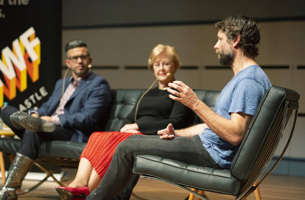 Best of times: Joe Williams, Gillian Triggs and Ben Quilty at opening night of the 2019 Newcastle Writers Festival. Picture: Chris Patterson
