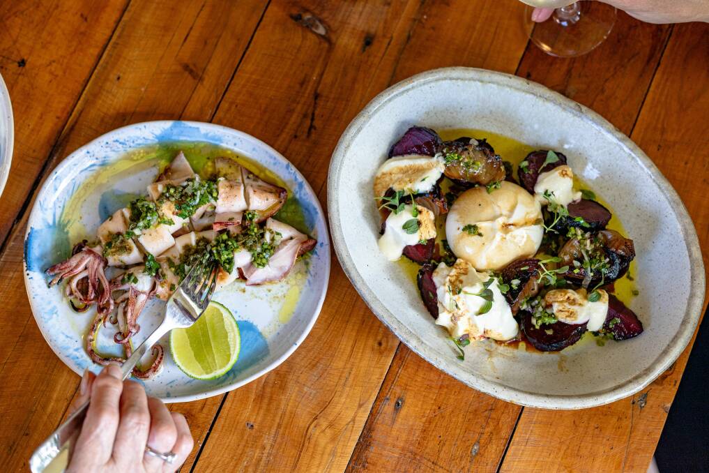 On the menu at Estancia Osteria, dishes of Charred Tasmanian squid, fresh oregano and lemon vinaigrette (left); and burrata, charred vegetables, with chimichurri.