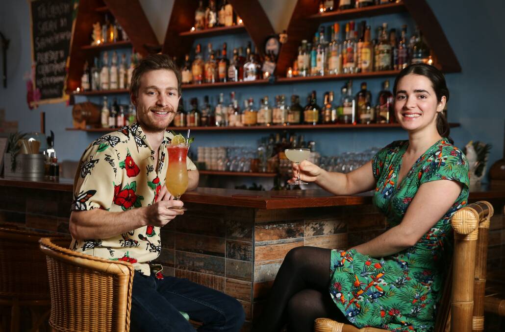 ALL ABOUT RUM: Prudence Farquhar and business partner Byron Marzinotto at Blue Kahunas in Newcastle. Photo: Marina Neil