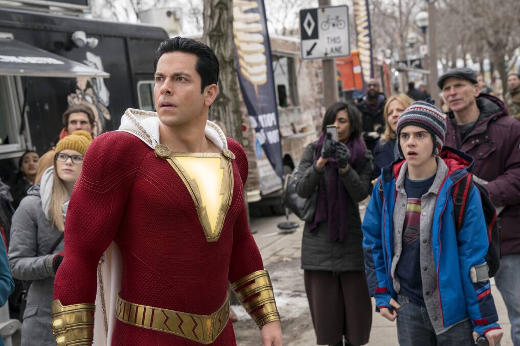 Caption: Zachary Levi, left, and Jack Dylan Grazer in a scene from "Shazam!"