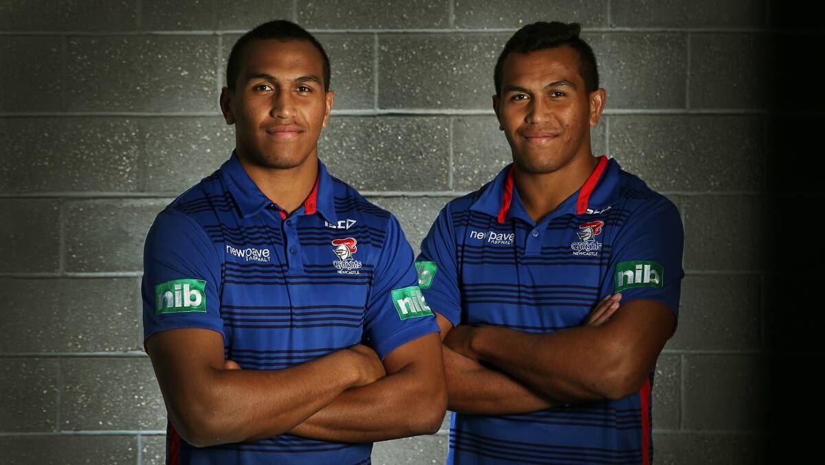 From the Central Coast: Knights forwards Jacob and Daniel Saifiti in 2016. Picture: Marina Neil