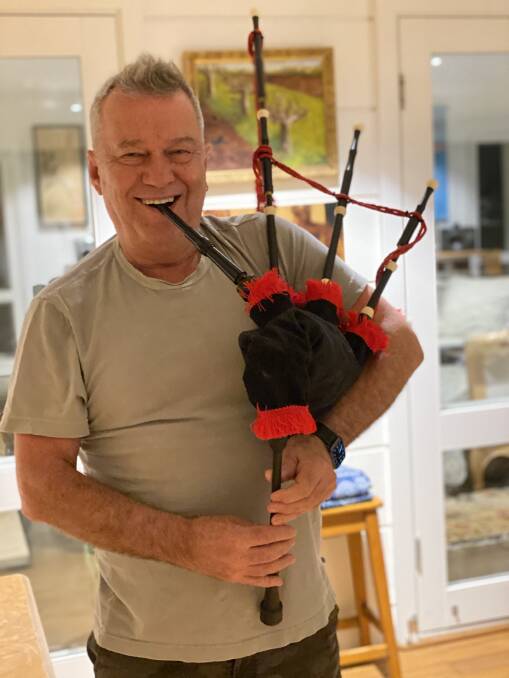 Home stories: Jimmy Barnes at home in the Southern Highlands on the bagpipes.