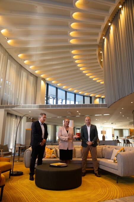 Day one: Crystalbrook CEO Geoff York, Newcastle Lord Mayor Nuatali Nelmes, Kingsley general manager Carl Taranto, in the lobby.