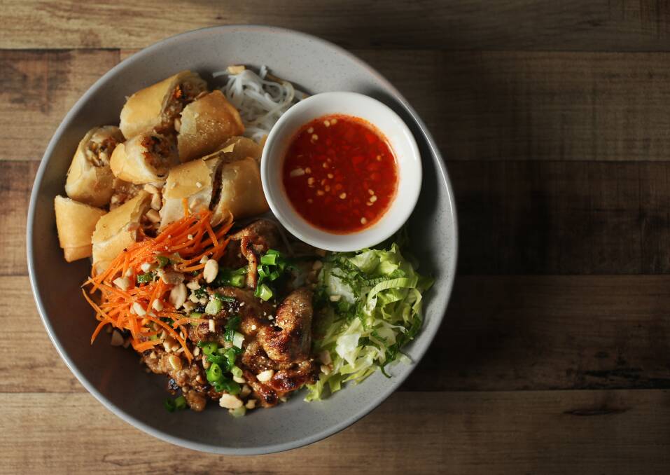 Traditional Vietnamese: Bun Thit Nuong (grilled pork, spring rolls and vermicelli noodles) at Cafe HaHa's. Pictures: Simone De Peak 