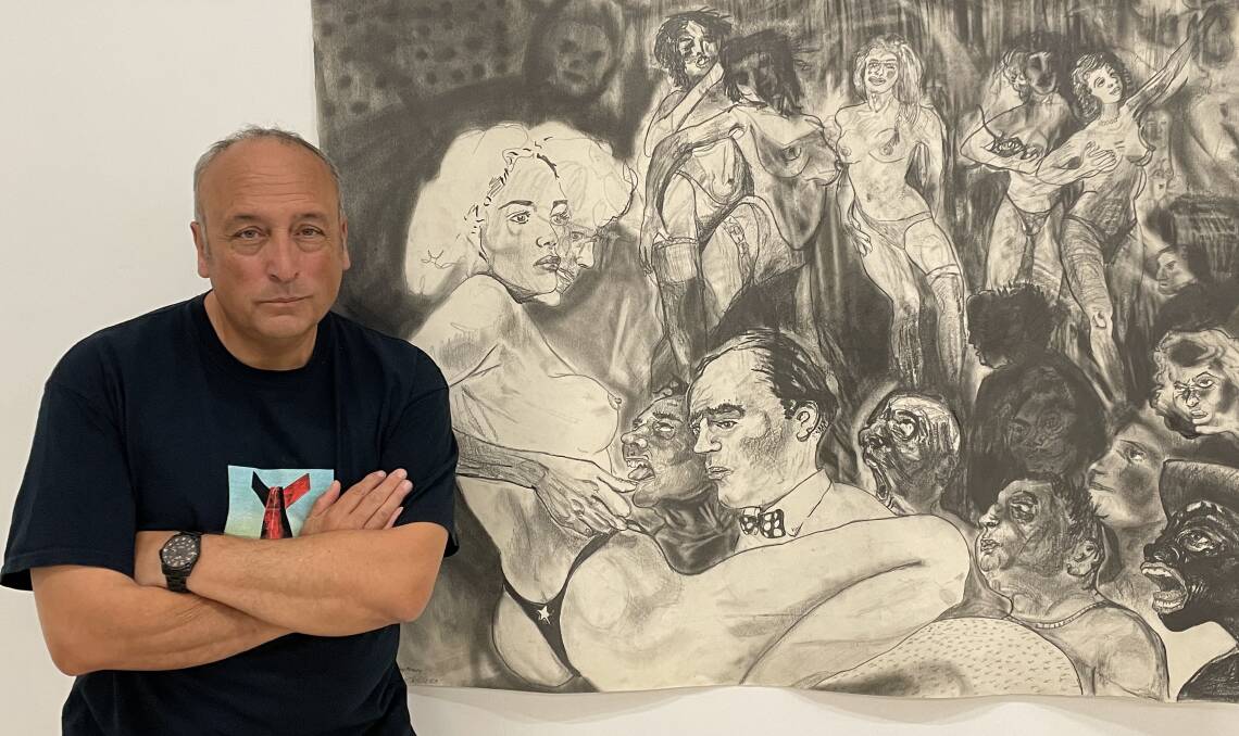 From The Quick and The Dead: Mario Minichiello in front of one of The Amsterdam Drawings. Picture: Jim Kellar