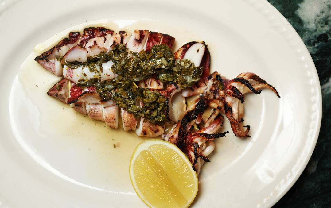 Charcoal-fried calamari with mint, garlic, lemon and tarragon at Peregrin. 