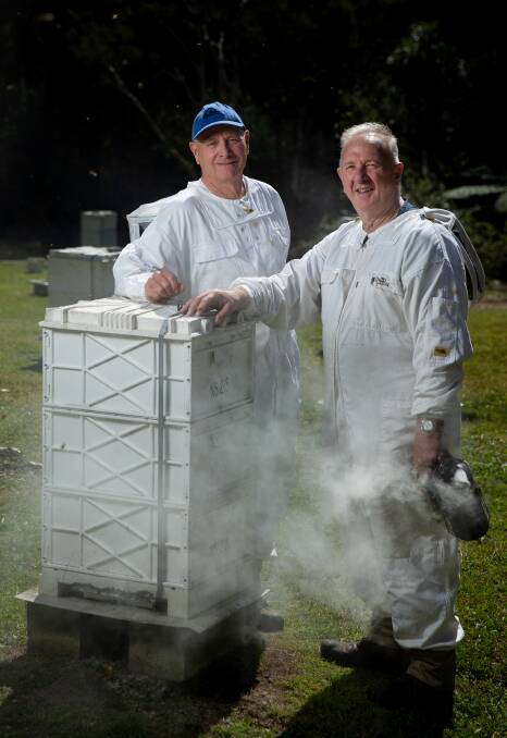 2 Pops: Tony Hendriks, left, and Russell Smith, right, tending to their hives on the Wallarah Peninsula. Picture: Marina Neil