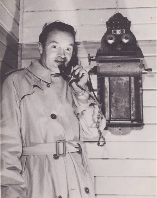 Familiar face: World famous US comedian Bob Hope phoning home from Laurieton in 1944 after his Catalina crash-landed there. Picture: Camden Haven Historical Society