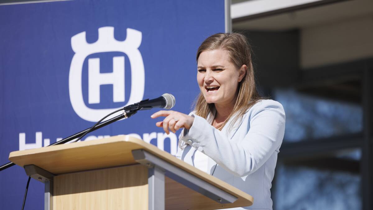 Husqvarna Australia representative Pauline Nilsson addressing the crowd at the embassy in Canberra on Wednesday. Picture by Keegan Carroll
