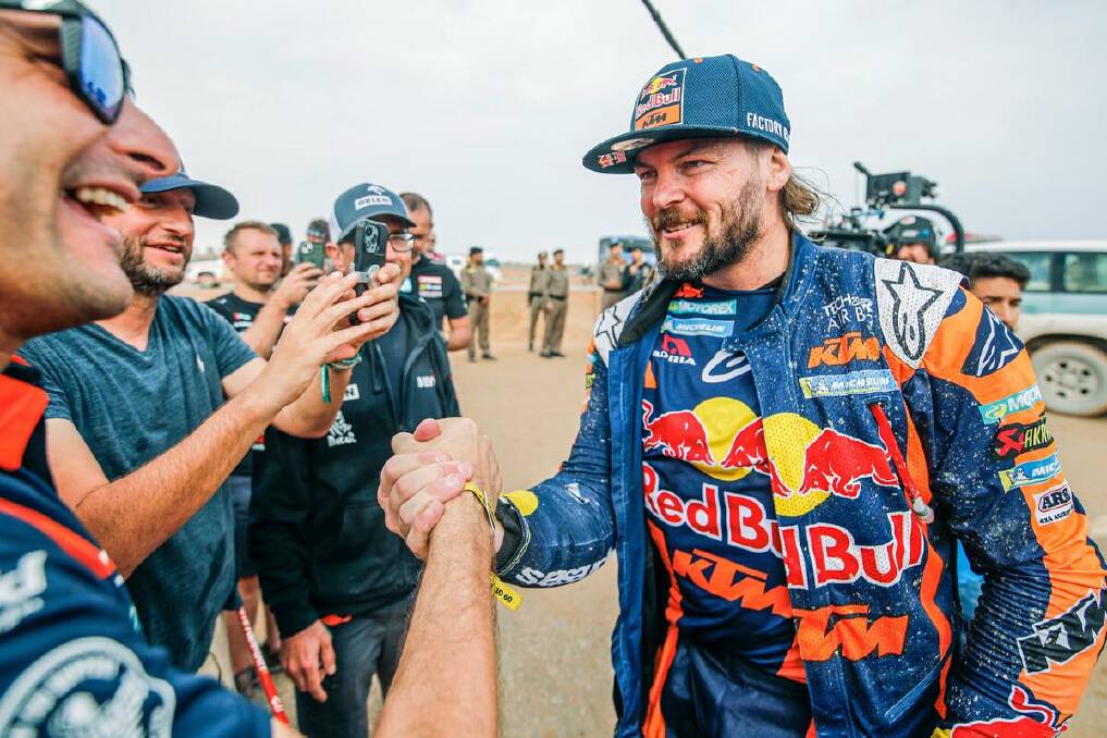 Toby Price congratulates his Red Bull KTM teammate Kevin Benavides after the Argentinian overtook him on the final leg to win the 2023 Dakar Rally. Picture courtesy of Dakar Rally.