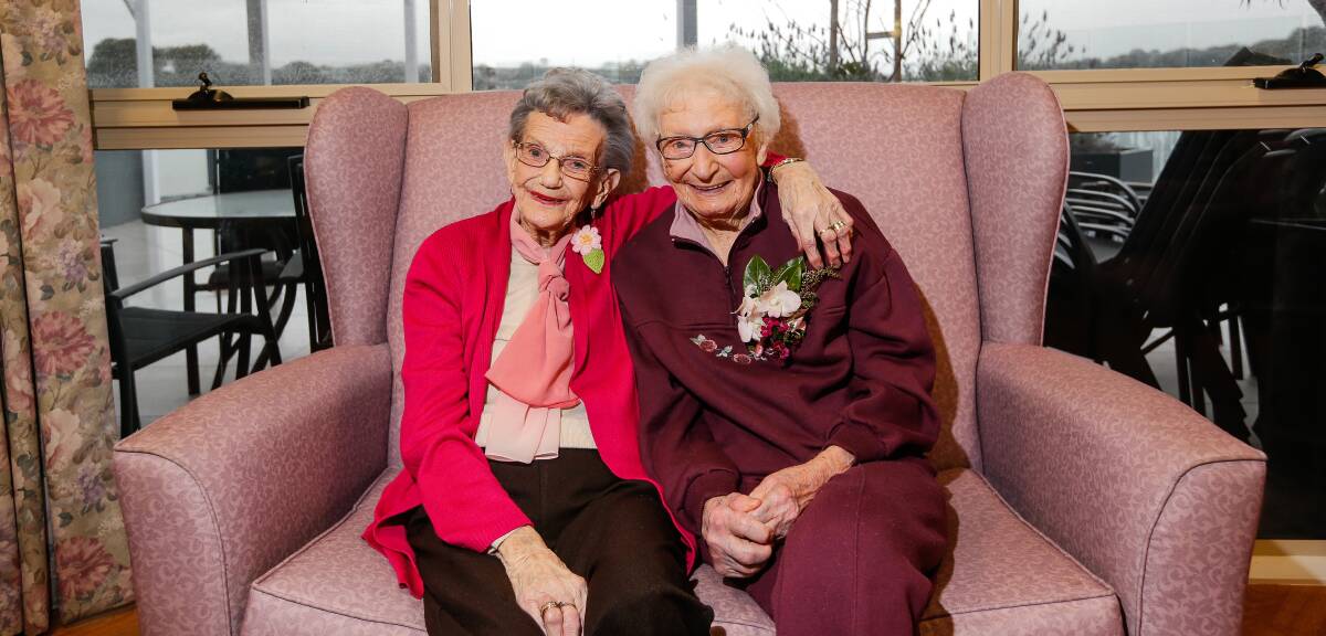 INSEPARABLE: Joyce McDonald, 88, and Mavis Trigg, 101, have known each other for 71 years. The two met in 1950 and celebrated Mavis' birthday together at Lyndoch Living. Picture: Anthony Brady 
