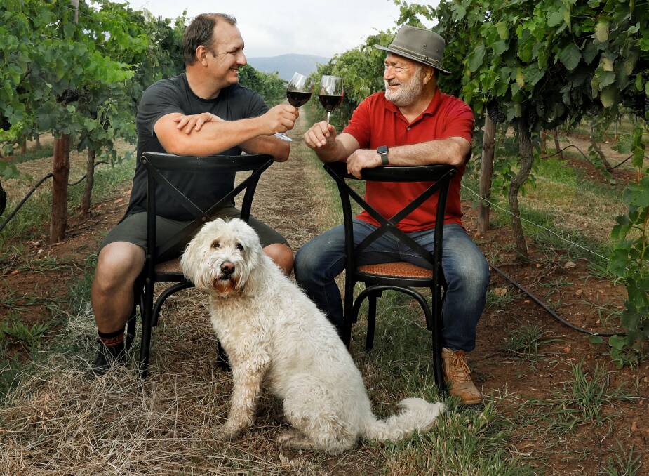 MAJOR MILESTONE: Winemaker-CEO Mike De Iuliis and founder Joss De Iuliis toast their winery's 20-year anniversary. Picture: Chris Elfes Photography