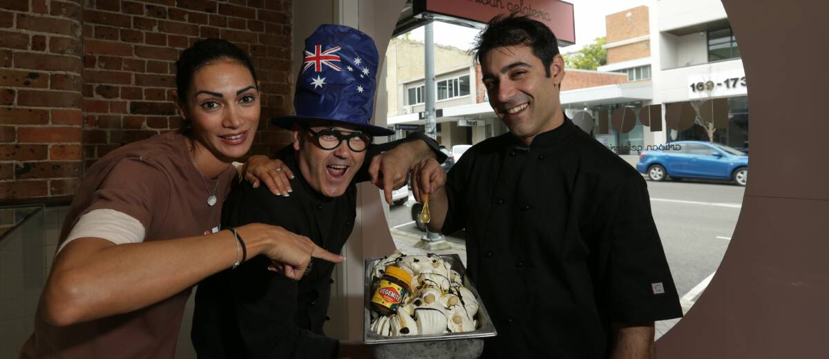 AUTHENTIC: Michela Ciulla, Palmiro Bruschi and chef-owner Alfonso Muras at Popolo Artisan Gelateria - with some house-made vegemite gelato. Picture: Simone De Peak