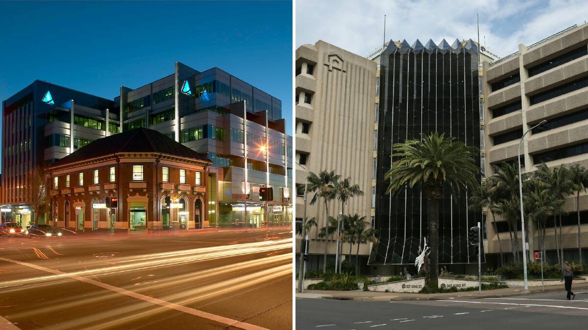 The Greater Bank head office in Hamilton, on the corner of Beaumont and Tutor streets (left), and the seven-storey Newcastle Permanent head office on King Street in Newcastle West (right). 